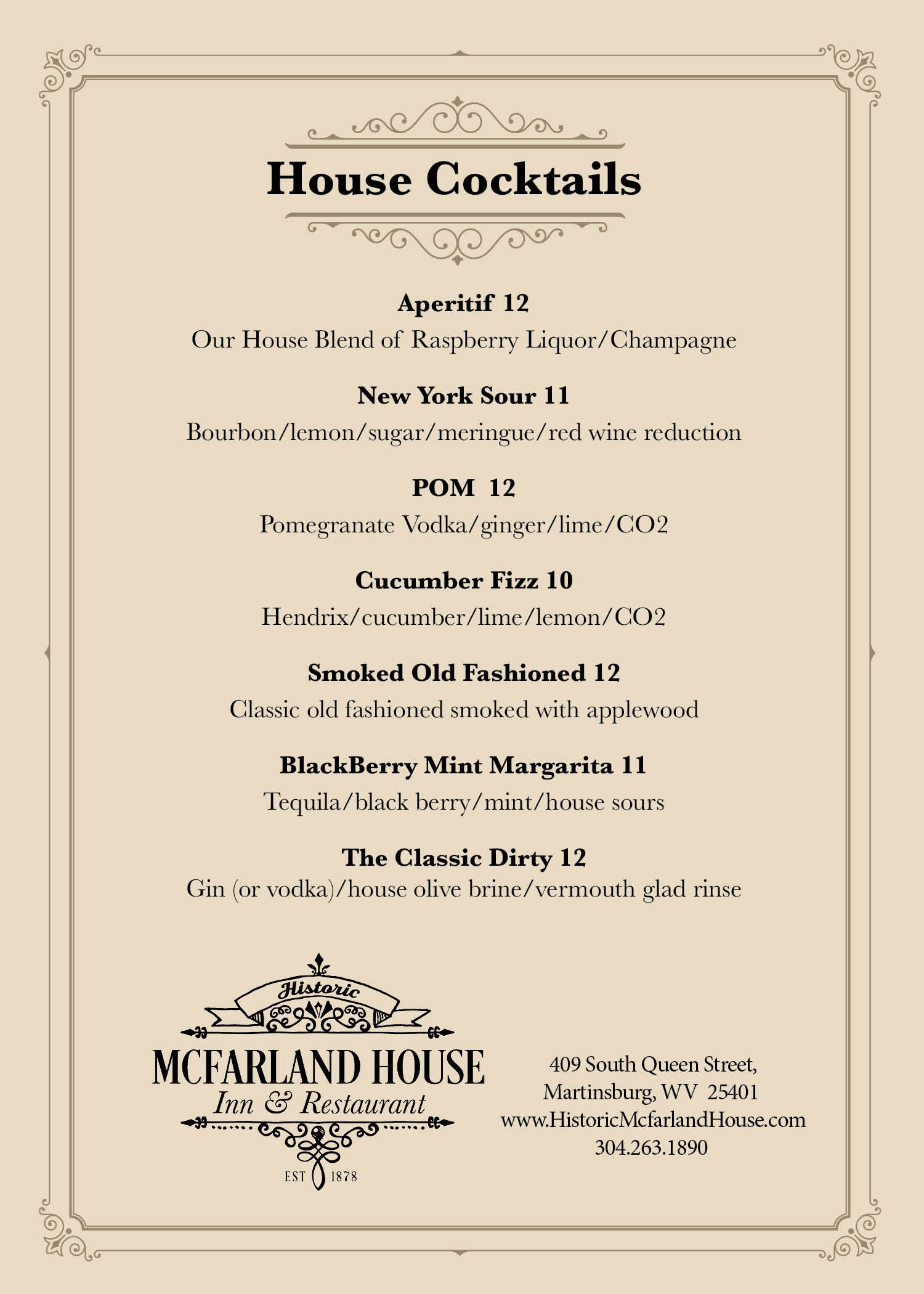 Menus Historic McFarland House in Martinsburg, West Virginia